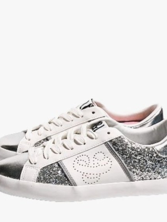 Shoes - Women's White and Silver Glitter Low-Top Sneakers 9.5